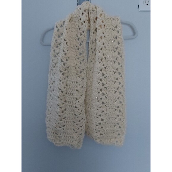 Handmade Crochet Men's Women's Metallic Ivory Scarf 55" X 9" Polyester - Picture 1 of 2